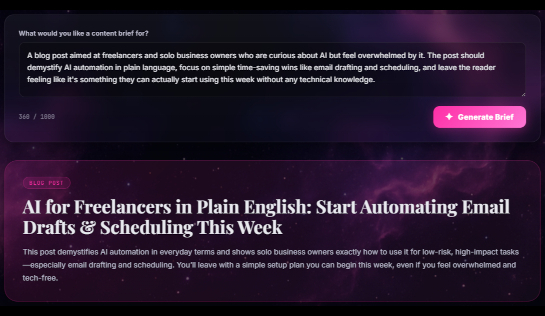 Screenshot of content brief generator project